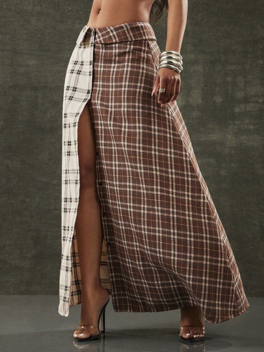 Multicolor Casual Women's Mixed Plaid Long Flared Skirt - Picture 3 of 6
